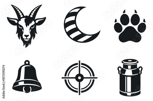 Simple graphic icon set featuring a goat head, crescent moon, paw print, bell, target, and milk can for various design applications