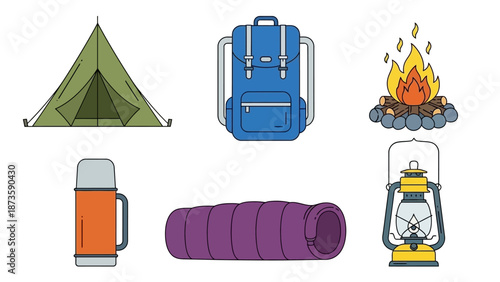 Camping Gear Flat Icons: Tent, Backpack, Campfire, Thermos, Sleeping Bag, Lantern