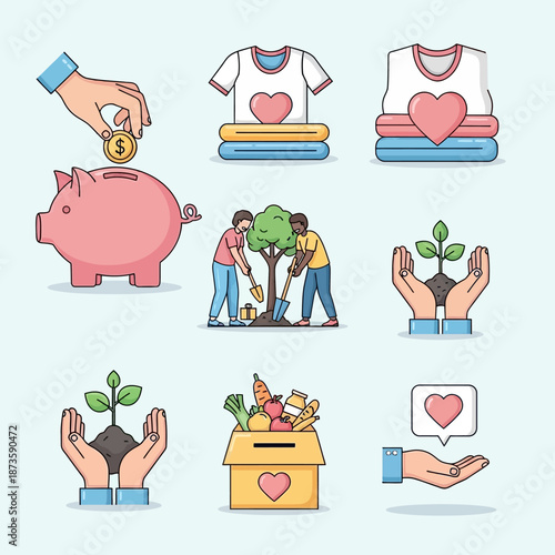Charity Donation Icons: Giving, Planting, Helping, Caring, Support, Community