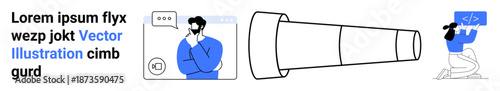 Software development, digital communication, online learning, problem-solving, coding, brainstorming. A person thinking, a telescope and coding elements. Online learning and software development