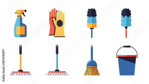 Cleaning Supplies Flat Icons Set: Spray Bottle, Gloves, Dusters, Mop, Broom, Bucket.
