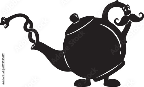 Whimsical black teapot with mustache and curly spout handle