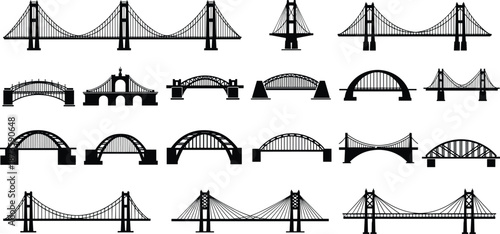 Bridge silhouette icons illustration, suspension bridge, arch bridge, truss bridge, cable-stayed bridge, infrastructure design, engineering concept, vector art