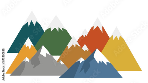 Colorful mountain range with snow-capped peaks, flat design, vector illustration