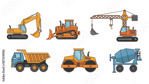 Construction Vehicles Set: Excavator, Bulldozer, Crane, Truck, Roller, Mixer - Pixel Art