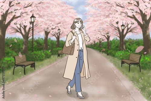 桜の散歩道をスマホで電話しながら歩く女性