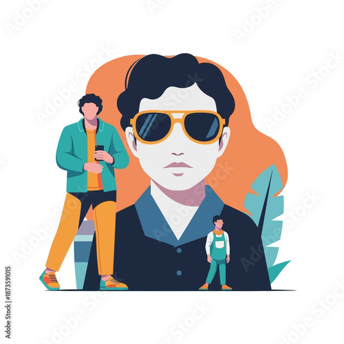 Confident Man with Sunglasses and Miniature Figures - Modern Flat Illustration