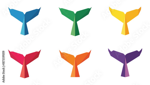 Colorful whale tails set, ocean, marine life, abstract, graphic design