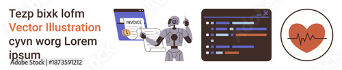 Artificial intelligence, digital tools, automation, coding, finance, healthcare. A robot with invoice software, a programming interface and a heart symbol. Artificial intelligence and digital tools