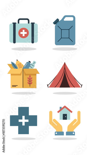 Emergency Aid Icons: First Aid, Supplies, Tent, Home Care, Fuel