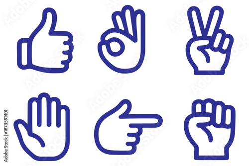Hand gesture outline icon set – thumbs up, thumbs down, finger heart, peace sign, raised palm stop, fist bump, pointing finger, OK sign, clap hands, clenched fist emoji symbols