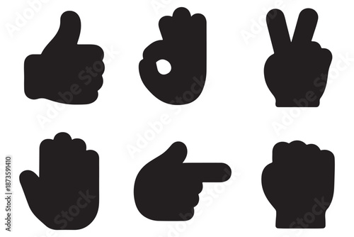 Hand gesture outline icon set – thumbs up, thumbs down, finger heart, peace sign, raised palm stop, fist bump, pointing finger, OK sign, clap hands, clenched fist emoji symbols