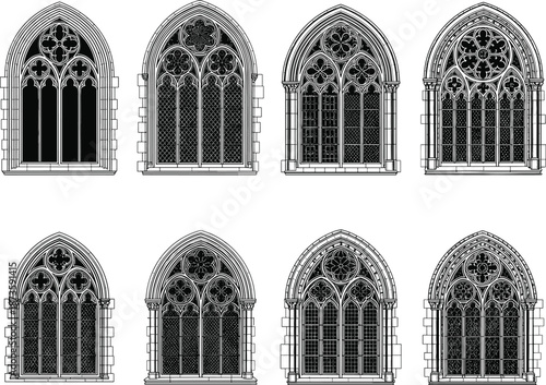 Gothic cathedral stained glass window collection, medieval church architecture tracery illustration set, black and white line art