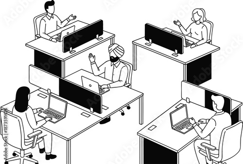 Isometric line art illustration of a modern office workspace with diverse employees working at desks with laptops and computers