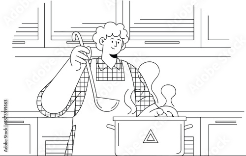 Black and white line art illustration of a cheerful male chef in apron stirring a boiling cooking pot