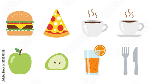 Food Icons: Burger, Pizza, Coffee, Juice, Fruit, Cutlery - Flat Design