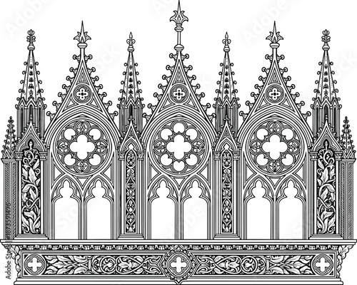 Gothic church altar architecture illustration, ornate medieval cathedral facade details, religious decorative structure, black white line art
