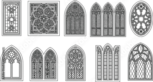 Gothic stained glass window collection illustration, medieval church window designs set, ornate architectural elements, black white vector