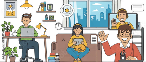 Vector illustration of a business man and woman in the city office and school children with a book in a cartoon drawing art style