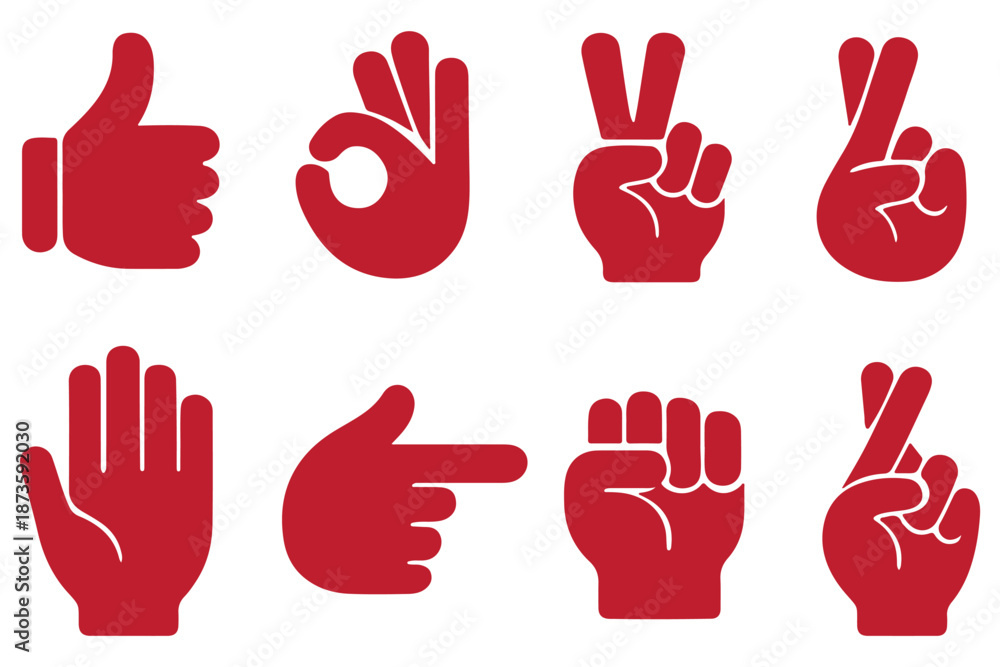 Fototapeta premium Hand gestures vector icons set. Like, dislike, love, peace, rock and wave signs. Thumbs up, heart, victory, fist and clap hands silhouette. Communication symbols. 