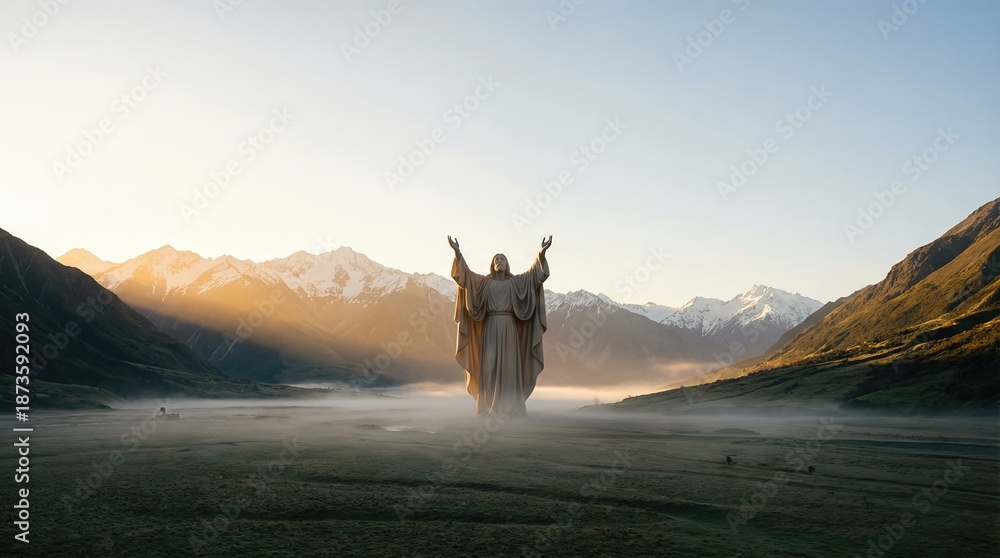 Fototapeta premium Christ statue in misty mountain valley at sunrise representing Gods creation of the world and humanity from the Book of Genesis.