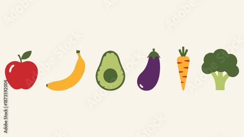 Healthy food icons: apple, banana, avocado, eggplant, carrot, broccoli