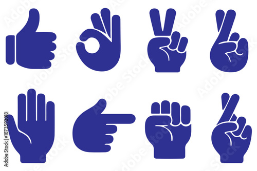 Hand gestures vector icons set. Like, dislike, love, peace, rock and wave signs. Thumbs up, heart, victory, fist and clap hands silhouette. Communication symbols. 