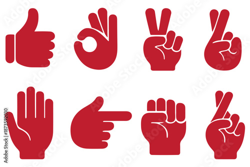 Hand gestures vector icons set. Like, dislike, love, peace, rock and wave signs. Thumbs up, heart, victory, fist and clap hands silhouette. Communication symbols. 