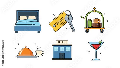 Hotel Icons: Bed, Key, Bellhop Cart, Room Service, Building, Cocktail