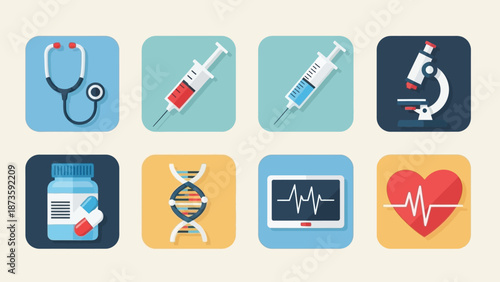 Medical Icons Set: Stethoscope, Syringe, Microscope, DNA, Heartbeat, Pills