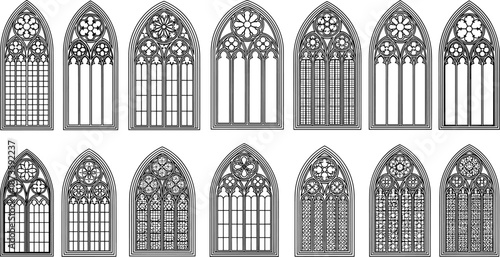 Gothic stained glass window set, medieval church architecture, rose window tracery, ornate cathedral design, vintage religious art elements
