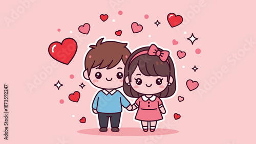 Cute cartoon couple holding hands surrounded by hearts