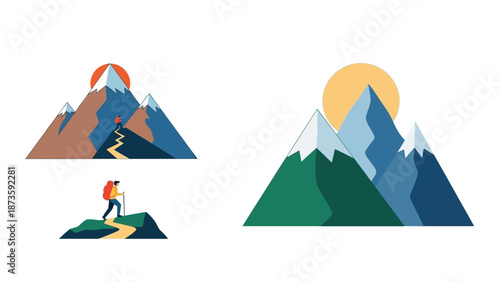 Mountain Hiking Adventure: Climbers Ascending Peaks at Sunrise/Sunset, Vector Illustration