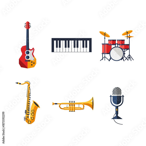 Musical Instruments Collection: Guitar, Piano, Drums, Saxophone, Trumpet, Microphone