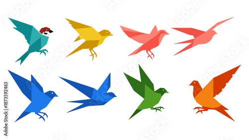 Origami birds collection, geometric design, flying in different colors, vector illustration