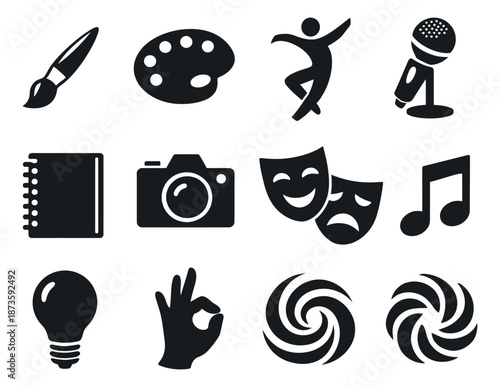 Simple creative and entertainment icon set featuring art tools, performance symbols, and creative concepts for hobbies and cultural expression