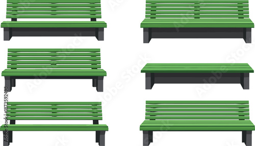 Green bench collection, stylized seating, slatted backrest design, furniture variation, vector illustration, interior decor, comparison layout, white background