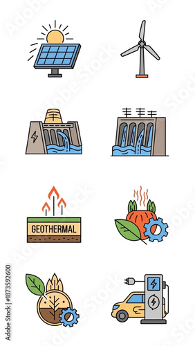 Renewable Energy Icons: Solar, Wind, Hydro, Geothermal, Biofuel, Electric Car