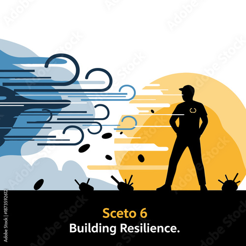 Resilient person facing adversity, overcoming challenges, strength and determination.
