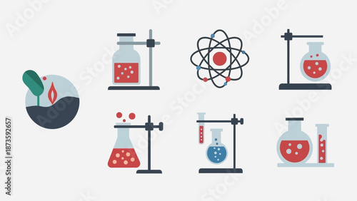 Science Icons: Chemistry Lab, Atom, Biomass Energy