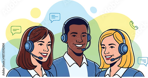 A smiling family of four with a headset operator provides online customer service support for a business team in a winter office setting illustration