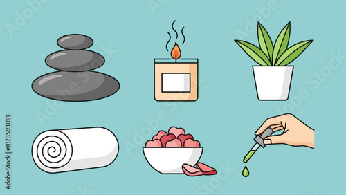Spa and Wellness Icons: Zen Stones, Candle, Plant, Towel, Petals, Essential Oil