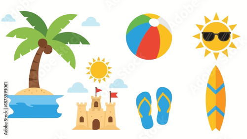Summer Vacation Icons: Palm Tree, Beach Ball, Sun, Sandcastle, Flip-flops, Surfboard