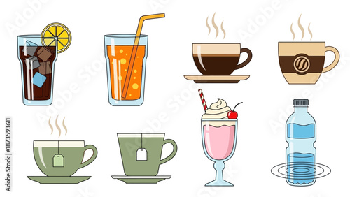 Assorted Beverages Collection: Coffee, Tea, Juice, Soda, Milkshake, Water Icons