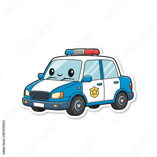 police car with siren lights and badge, suitable for children's designs and educational content..