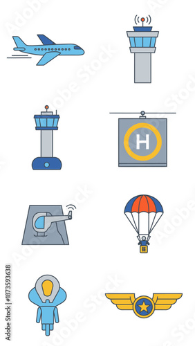 Aviation Icons: Airplane, Control Tower, Helicopter, Parachute, Pilot, Wings