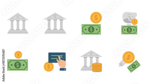 Banking Icons: Bank, Cash, Coins, Credit Card, and Financial Transactions