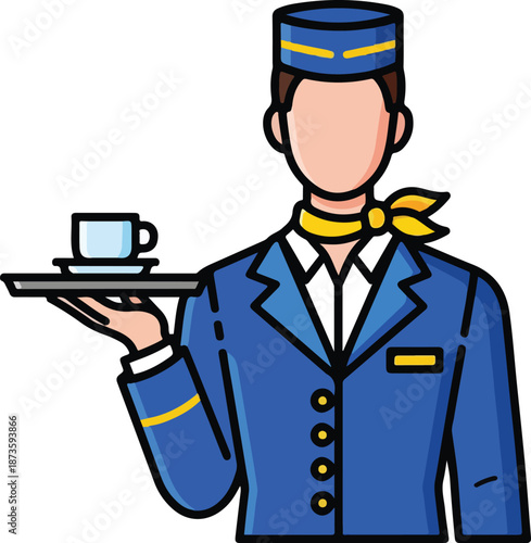 Hotel bellhop carrying a teacup tray, perfect for hospitality, luxury, hotel industry, travel, service, and beveragerelated projects.