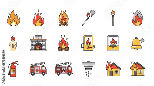 Fire safety icons set including flames, fire trucks, and equipment