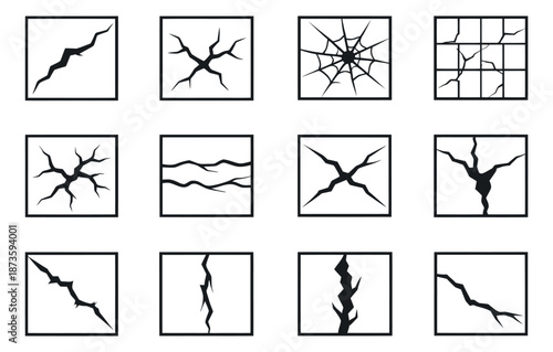 Line art crack set featuring various broken glass and surface damage patterns for grunge effects